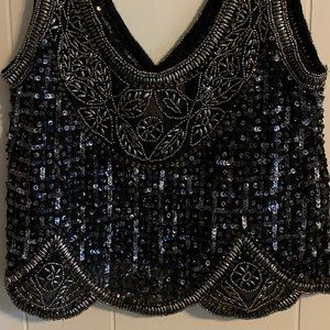 Miss Selfridge sequined/beaded black tank top SZ 2